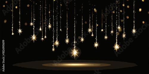Fundo escuro com estrelas brilhantes douradas caindo como chuva, criando uma atmosfera mágica e festiva.