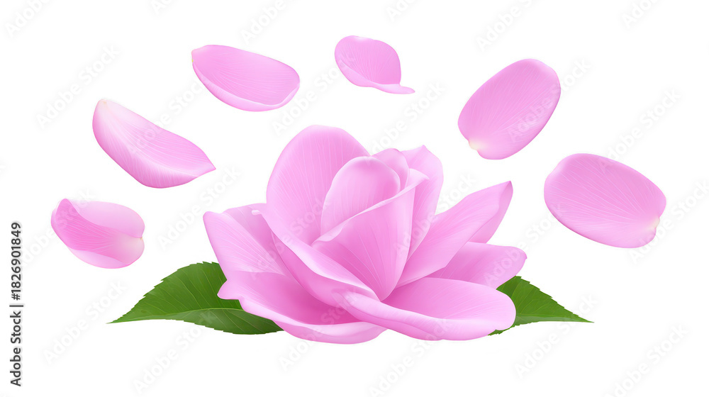 Fototapeta premium Pink rose flower with green leaves and scattered petals, isolated on transparent background, symbolizing beauty, romance, and freshness, perfect for spring or wedding themes