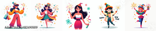 vector woman playing fireworks new year celebration