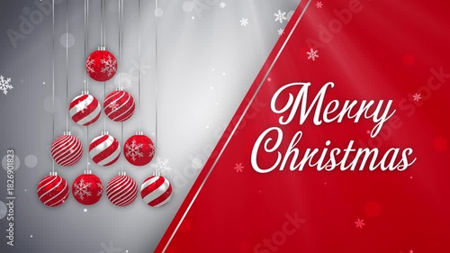 Merry Christmas Greetings Text Background Animation with Christmas baubles and Snow