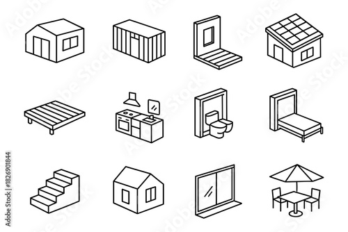 Isometric minimalist home furniture and architecture elements set