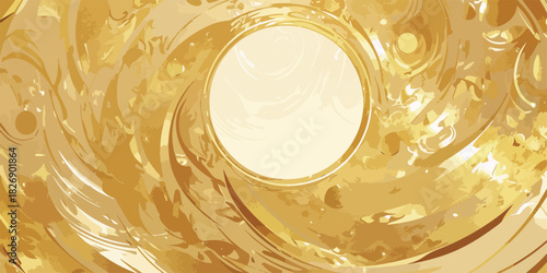 Fundo abstrato dourado com redemoinho e espaço central circular para texto ou logo em vetor.