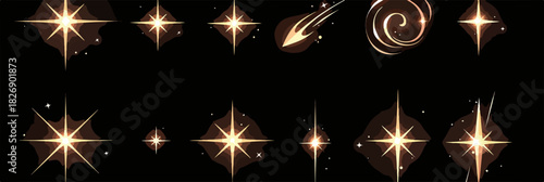 Conjunto de brilhos estelares dourados e cometas em fundo preto, perfeito para design gráfico.