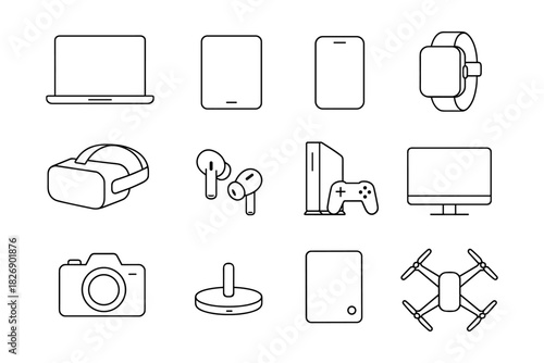 Modern linear tech icons: devices, gadgets, and electronics outline collection