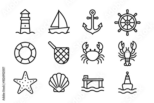 Nautical icons set featuring lighthouse, sailboat, anchor, and sea creatures in simple line art