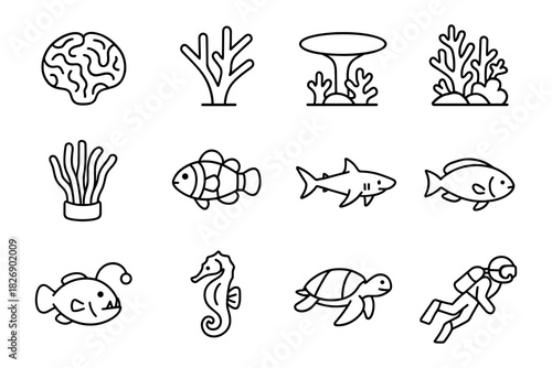 Minimalist ocean life icons featuring marine animals and coral reefs