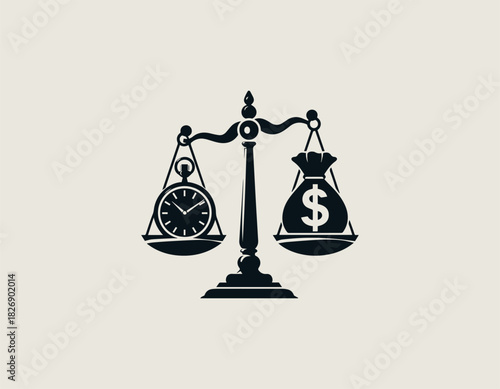 Black Vector Illustration of a classic balance scale weighing a pocket watch against a money bag with a dollar sign.