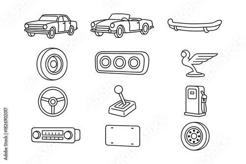 Outline set of retro car elements and accessories collection