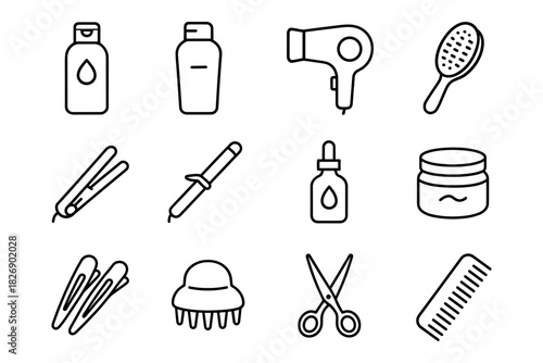 Essential haircare icons in modern linear style for beauty and grooming