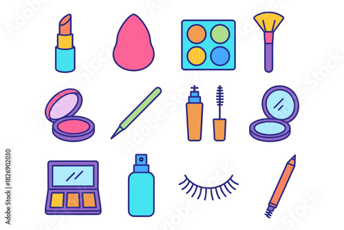 Colorful makeup and beauty tools set in a modern line art style