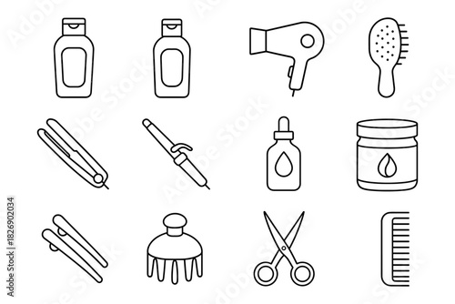 Flat style haircare icons: hair dryer, brush, scissors, oil, curler, gel, comb