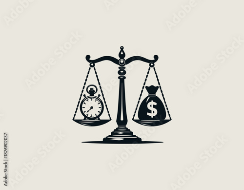 Black Vector Illustration of a classic balance scale weighing a pocket watch against a money bag with a dollar sign.