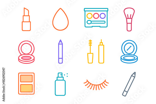Cosmetic icons set: linear beauty and makeup essentials in vibrant colors