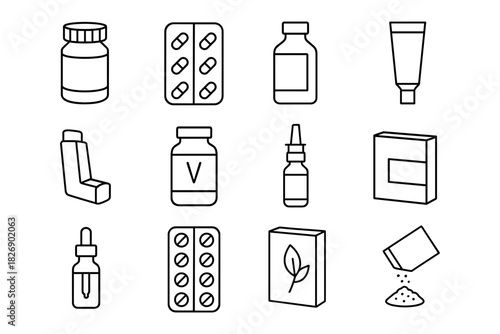 Minimalist line art of various medicine and supplement containers