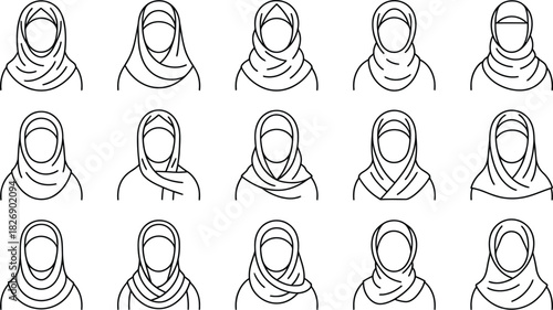 Collection of hand drawn muslim women wearing hijab diverse styles of islamic headscarves sketchy line art illustration religious and cultural representation black and white