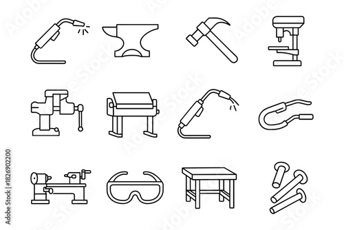 Line art depicting various metalworking tools and equipment