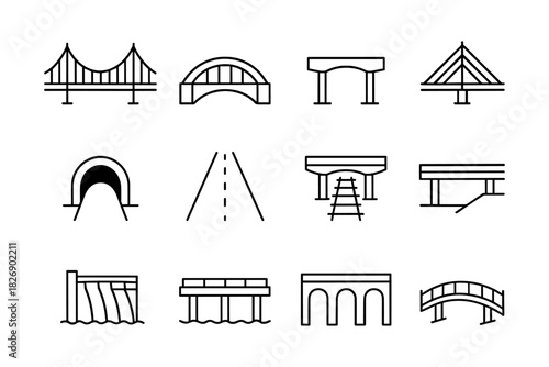 Linear bridge and infrastructure icons set