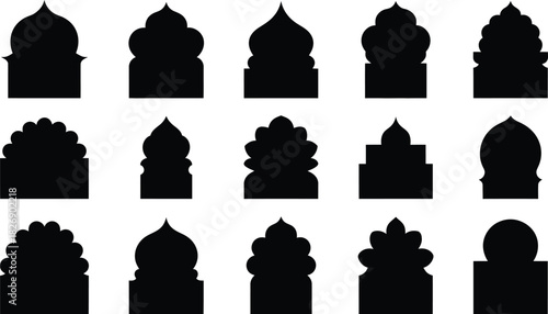 Collection of black silhouette islamic arch shapes decorative architectural elements for mosque palace or other building design on a white background