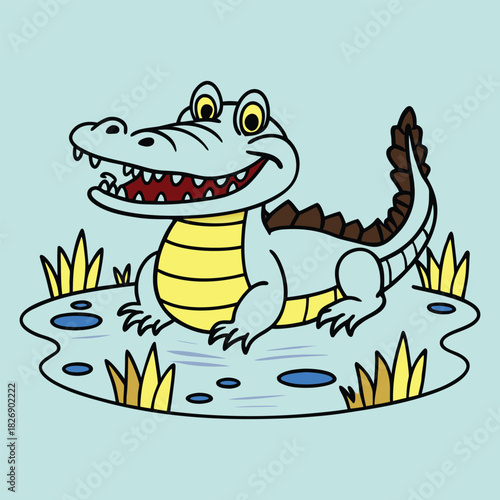 A cartoon alligator smiles while sitting in a puddle of water, with its teeth bared and its tail curled up, on a light blue background