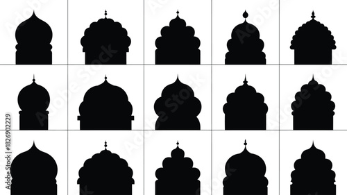 Collection of black silhouette temple domes on white background representing architectural diversity and cultural heritage with intricate details and unique shapes