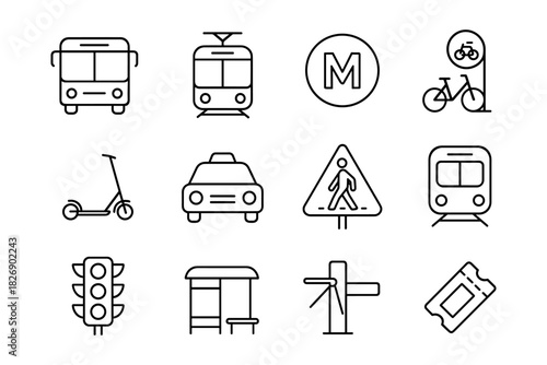 Urban transportation icons set featuring buses, trains, and bicycles in linear style