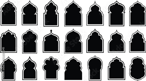 Collection of black silhouette islamic arch shapes with intricate details perfect for adding an authentic touch to your design projects and cultural representations