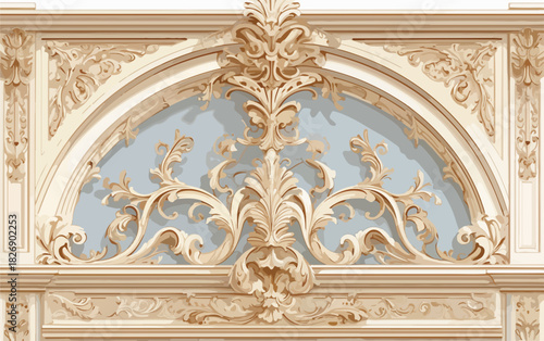 Vetor de arabesco ornamentado em estilo barroco, moldura arquitetônica clássica com entalhe decorativo e fundo azul claro.