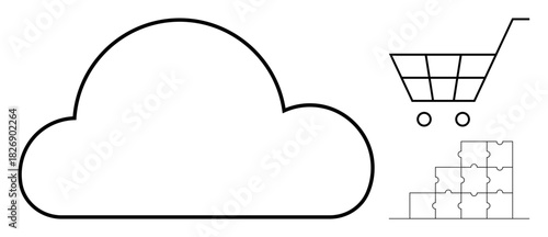 Cloud computing visualization with e-commerce and puzzle elements. Cloud computing enables online commerce and system integration. Cloud storage and computing empower businesses. For technology