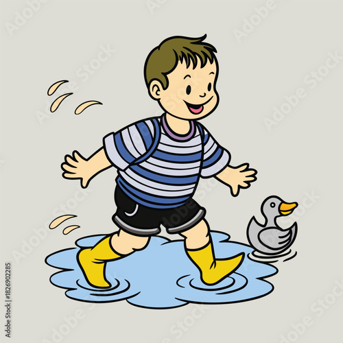 A cheerful little boy with brown hair is joyfully splashing in a puddle, wearing yellow boots and a striped shirt, with a cute rubber ducky nearby