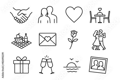 Romantic symbols collection: love, date, and celebration icons in linear style