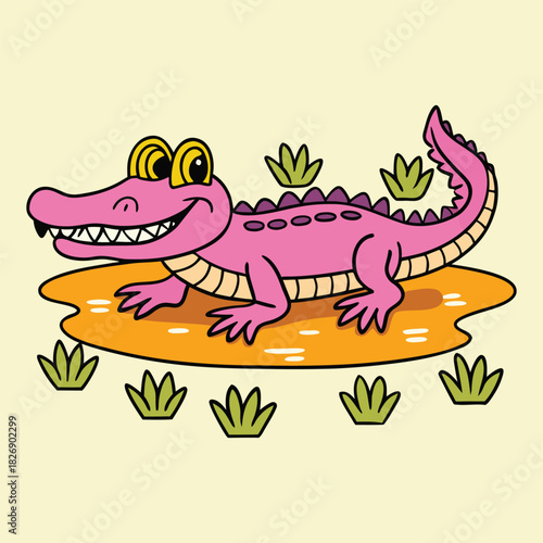 A cheerful pink alligator with a toothy grin stands on a golden puddle surrounded by green plants, creating a whimsical and playful scene for children