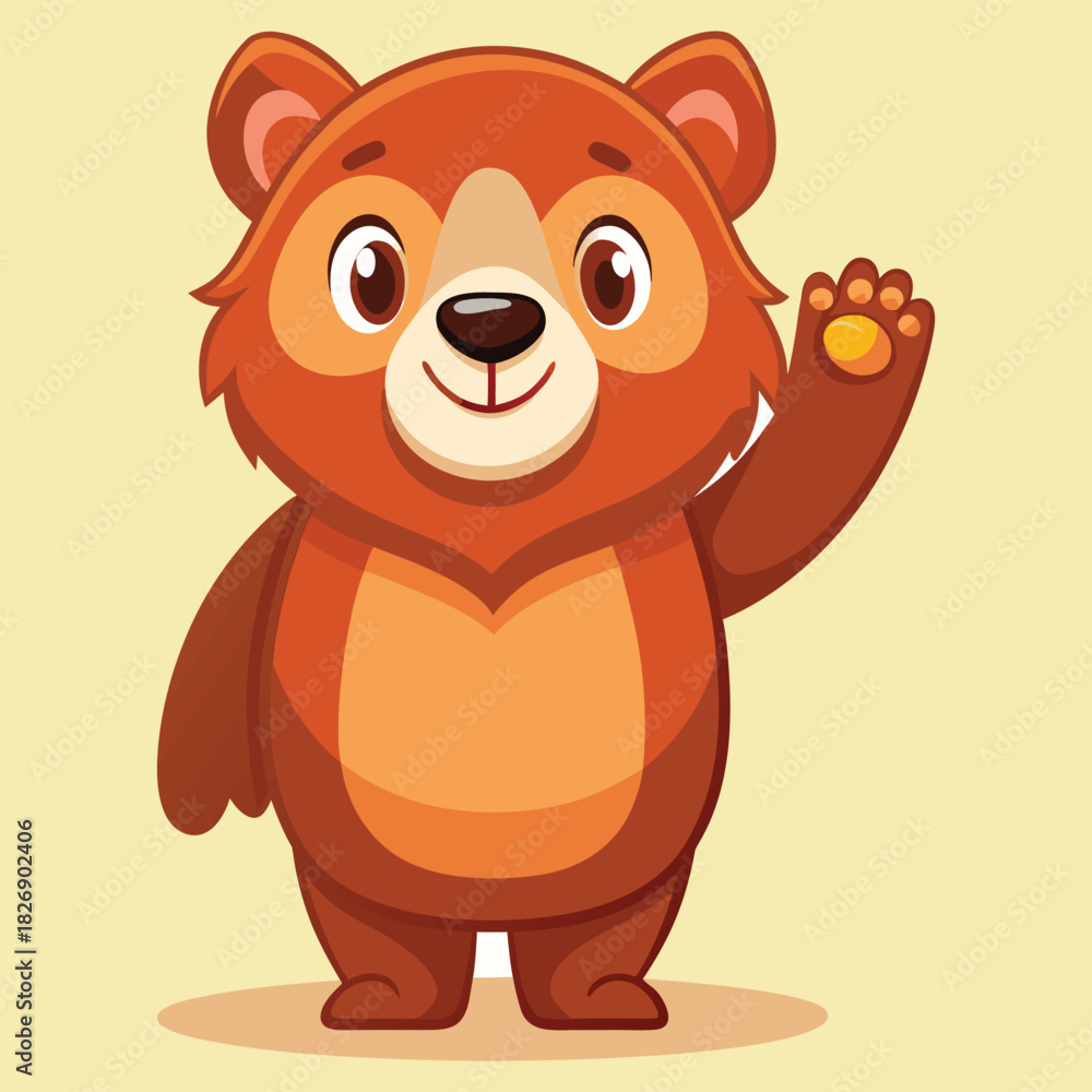 Obraz premium A cheerful cartoon bear with brown fur stands waving its paw, its friendly smile and bright eyes creating a welcoming and playful atmosphere for children
