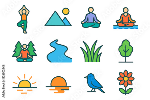 Flat line icons of yoga, nature, and outdoor relaxation activities