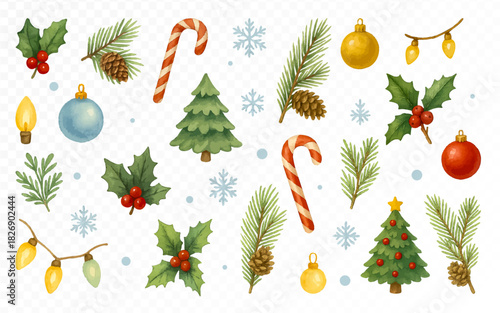 Watercolor Christmas clipart set with pine branches, holly leaves, red berries, candy canes, snowflakes, ornaments, lights and small festive trees for cozy winter holiday designs. Vector illustration.