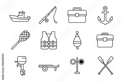 Minimalist icons of fishing gear and tools for outdoor adventures