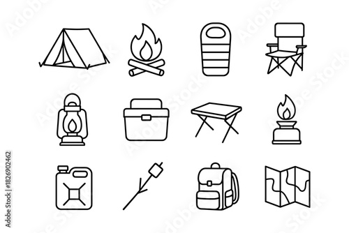 Minimalist outdoor camping icons: tent, backpack, map, and more in linear style