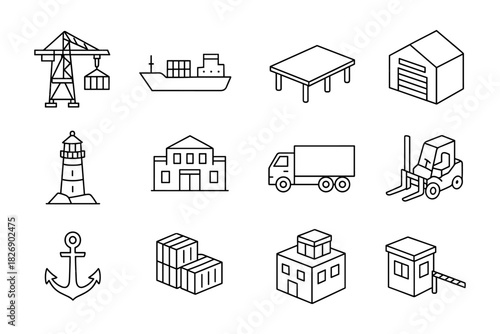 Minimalist linear port and warehouse icons for logistics and shipping design