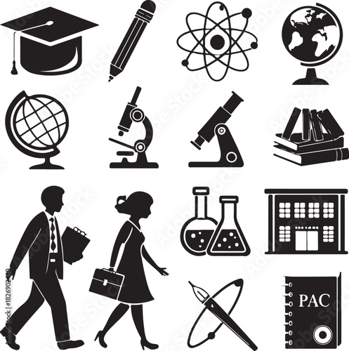  Education & Science Icons Set — School, Learning, Laboratory, Microscope