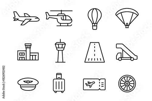 Linear airport transportation icons collection: airplane, helicopter, hot air balloon, airport facilities