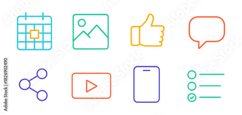 Colorful outline icons for social media and communication interfaces