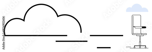 Stylized cloud outline alongside a sleek office chair. Ideal for technology, innovation, cloud computing, remote work, minimalism, productivity, connectivity. Clean and simple flat metaphor