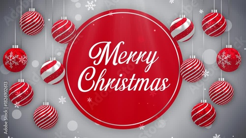 Merry Christmas Greetings Text Background Animation with Christmas baubles and Snow
