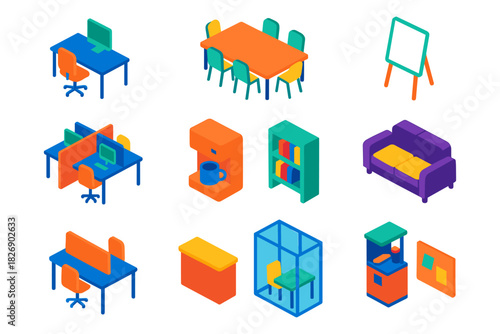 Colorful isometric office interior elements for modern workspace design