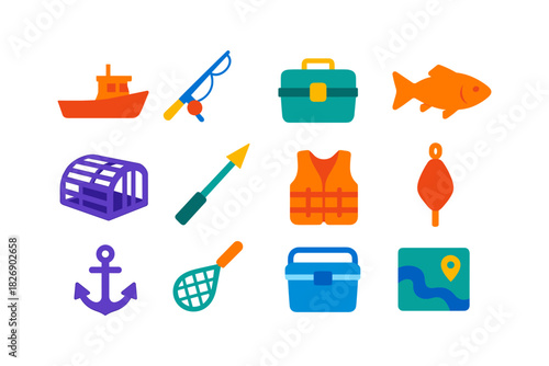 Colorful fishing gear icons set for outdoor adventure and marine activities