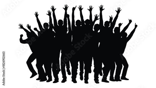 Excited crowd silhouette with raised hands isolated on white background, Vector