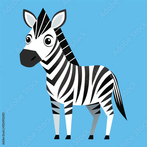 A cartoon zebra standing on a blue background, with black and white stripes, a black nose, and white eyes with black pupils