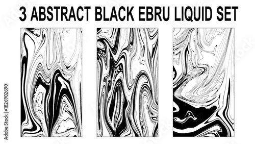 Set of abstract backgrounds. Ink marbling textures. Black and white. ebru aqua paper and silk prints. Traditional Turkish ebru technique. 