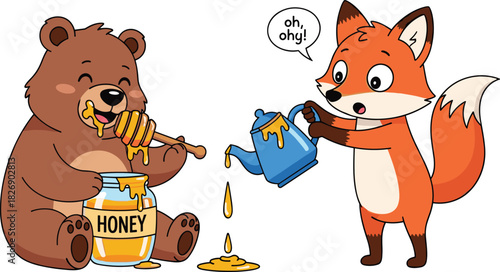 Cute Cartoon Bear Eating Honey from a Jar with a Dipper while a Surprised Fox Pours Spilling Honey from a Teapot, Funny Animal Friends Vector Illustration