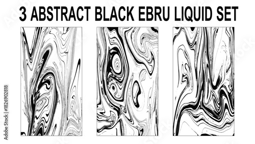 Set of abstract backgrounds. Ink marbling textures. Black and white. ebru aqua paper and silk prints. Traditional Turkish ebru technique. 