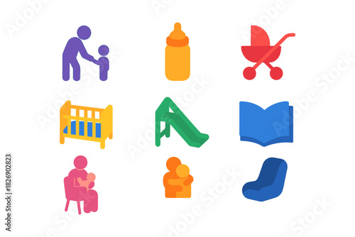 Colorful family and child-care icons set: parenting, play, and nurture symbols